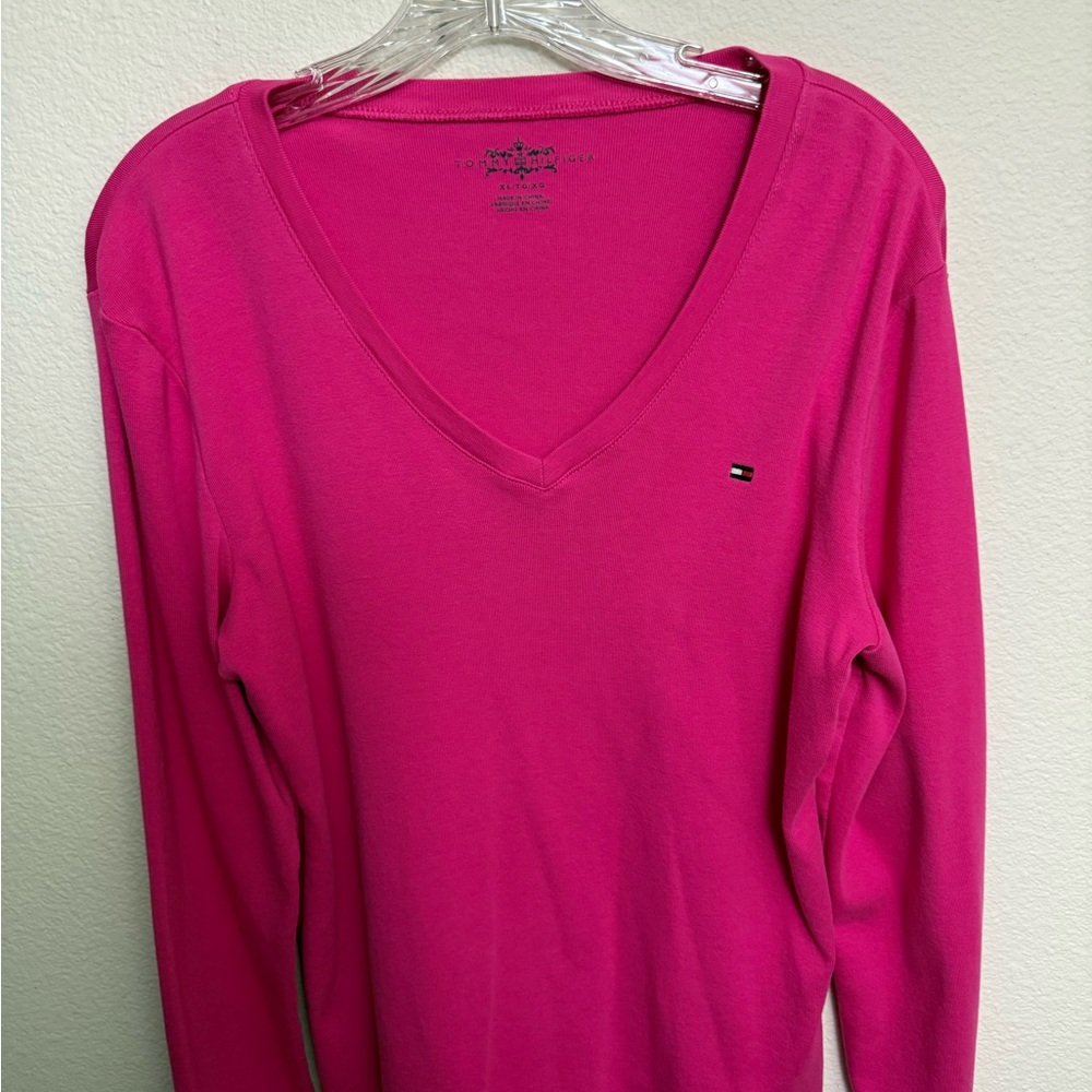 Tommy Hilfiger V-Neck Long Sleeve Top in Bright Pink